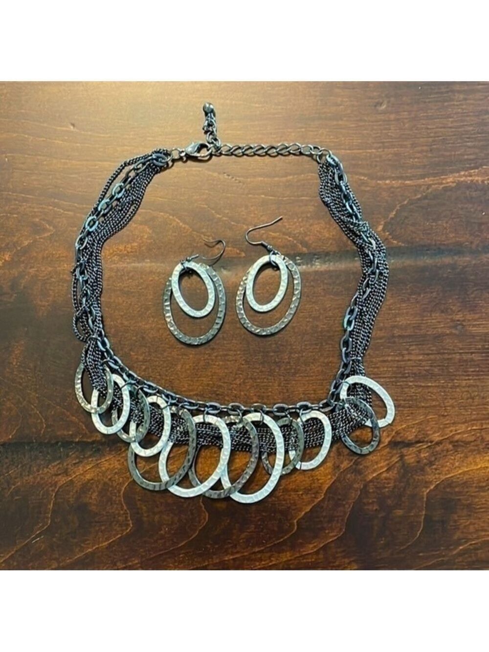 Black and Silver Hammered Chain Necklace and Earring Set